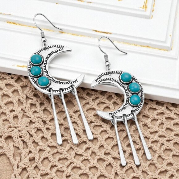 🆕️Mystic Boho Turquoise Crescent Moon Dangle Earrings Antique Silver Vibes - Picture 11 of 14